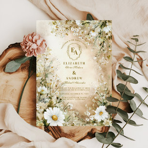 Invitation Crème classique et Mariage botanique d'or