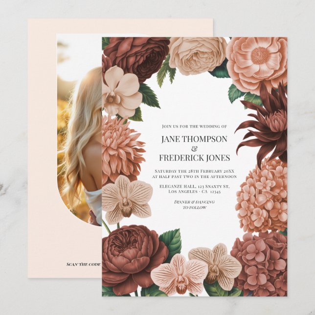 Invitation Crème d'abricot, Corail doux et Terracotta chaude (Devant / Derrière)