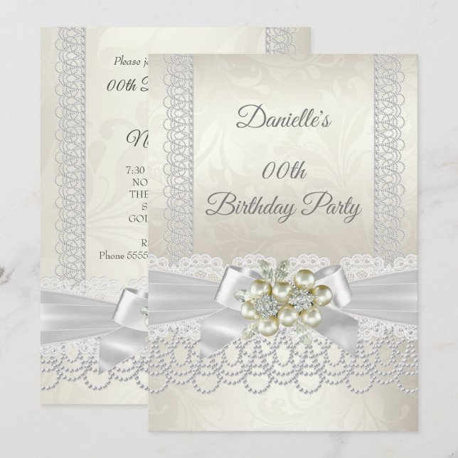 Invitation Crème d'anniversaire Blanc Pearl Lace Damask Diamo (Devant / Derrière)