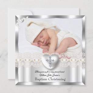Invitation Crème de baptême Argent Photo Cœur Croix Garçon Fi