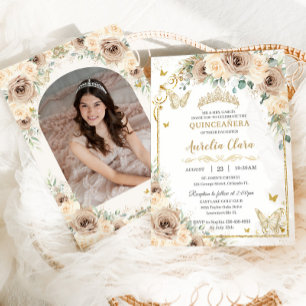 Invitation Crème de champagne Floral Sweet 16 Quinceañera Pho