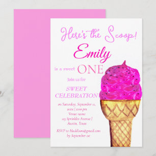 Invitation Crème de glace 1er anniversaire fille rose aquarel