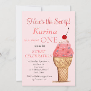 Invitation Crème de glace 1er anniversaire fille rose aquarel