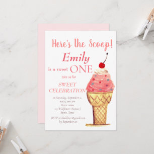 Invitation Crème de glace 1er anniversaire fille rose aquarel