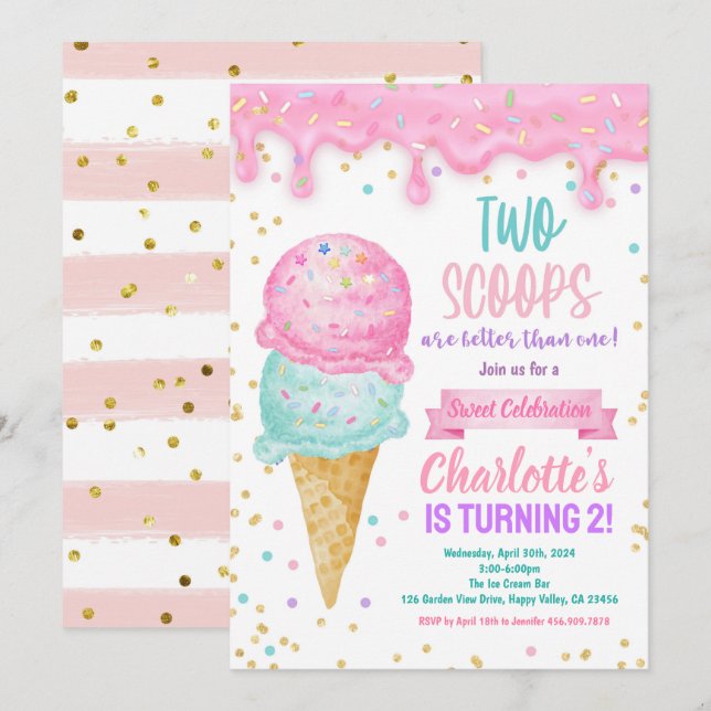 Invitation Crème de glace 2e fête d'anniversaire 2 Scoops Mei (Devant / Derrière)