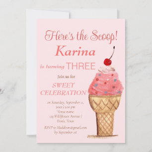 Invitation Crème de glace 3ème anniversaire fille rose aquare