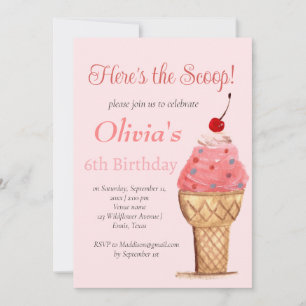 Invitation Crème de glace 6e anniversaire fille rose aquarell