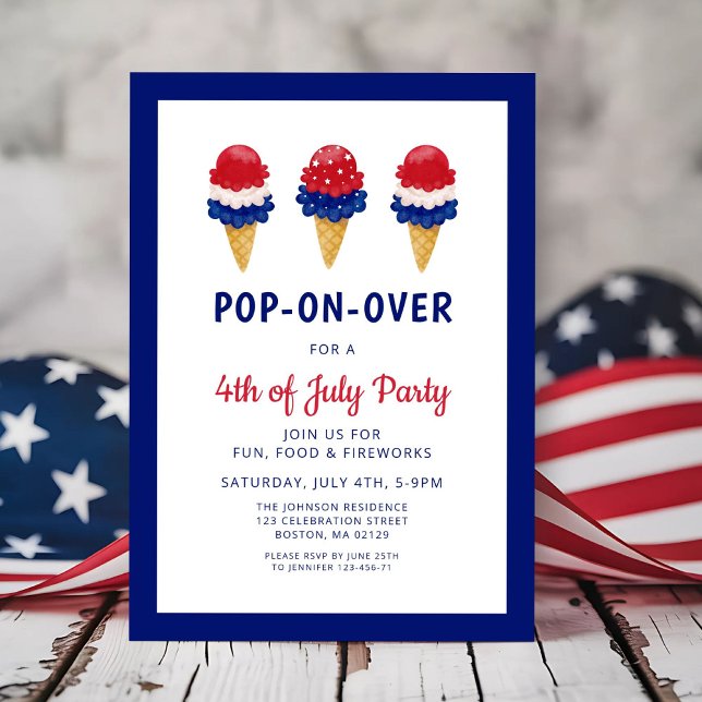 Invitation Crème De Glace Mignonne Rouge, Blanc Et Bleu 4 jui (Cute Ice Cream Red, White And Blue 4th of July Invitation)
