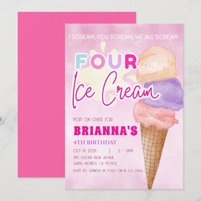 Invitation Crème de glace rose 4e anniversaire Fille d'été (Devant / Derrière)