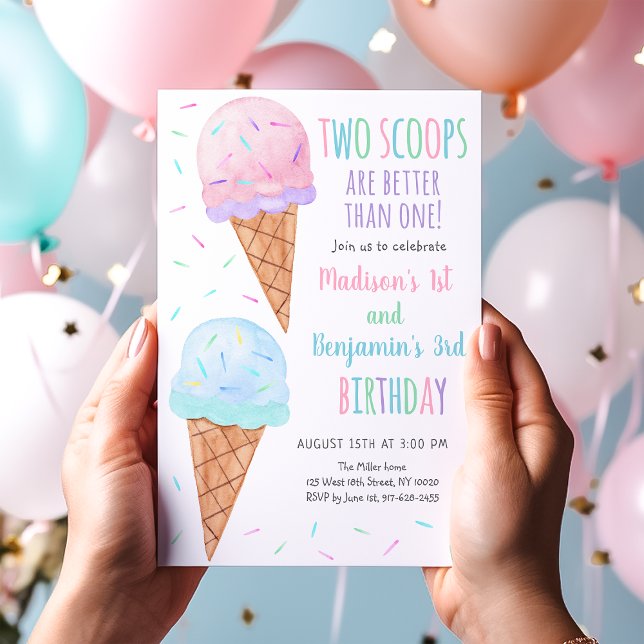 Invitation Crème de glace rose bleu Deux Scoops Anniversaire  (Créateur téléchargé)