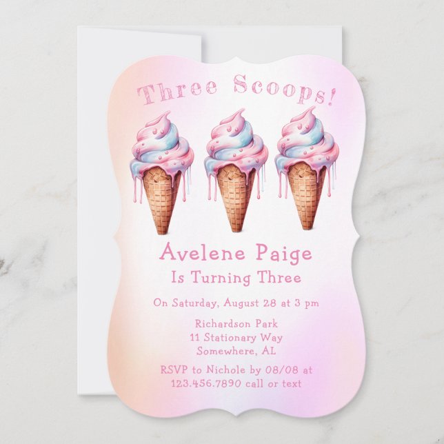 Invitation Crème de glace rose bleu Trois Scoops fête d'anniv (Devant)