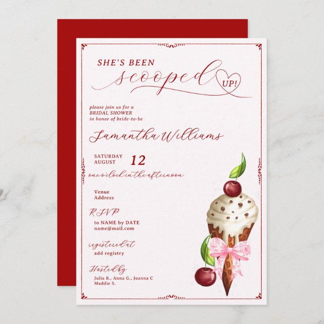 Invitation Crème de glace rose Cerisier Rouge Fête des mariée (Devant / Derrière)