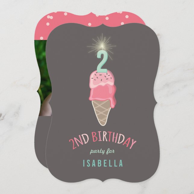 Invitation Crème de glace rose Fille Sparkler 2e fête d'anniv (Devant / Derrière)