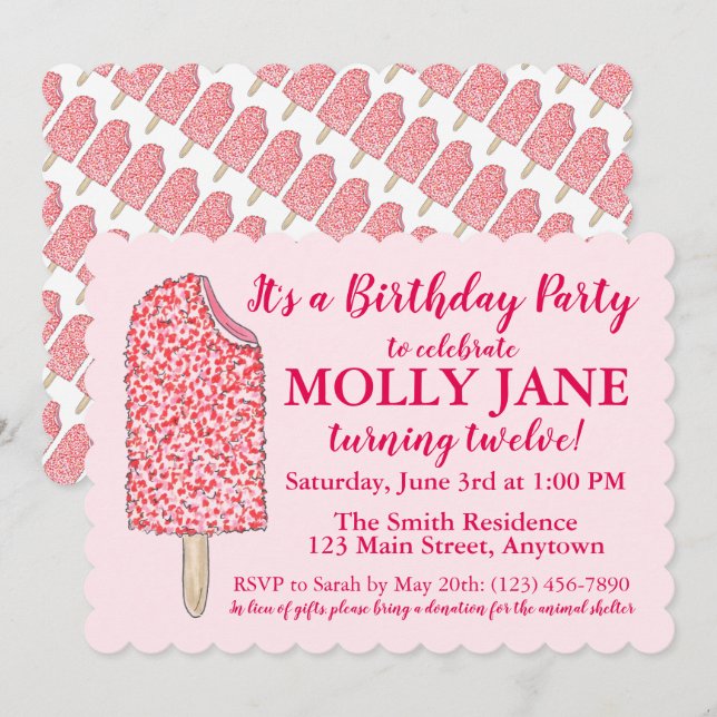 Invitation Crème de glace rose Popsicle Anniversaire Fête Dou (Devant / Derrière)