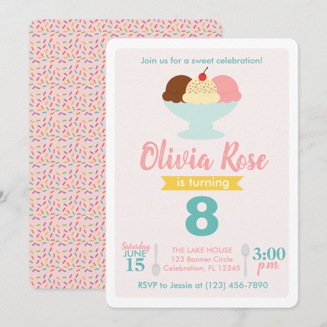 Invitation Crème de glace Social Rose et Turquoise Anniversai (Devant / Derrière)