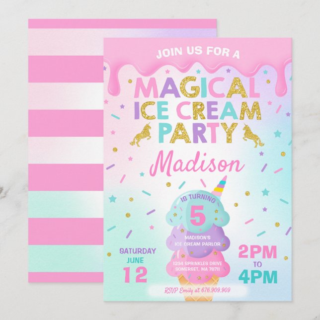 Invitation Crème de glace Unicorn Ice Cream Party (Devant / Derrière)