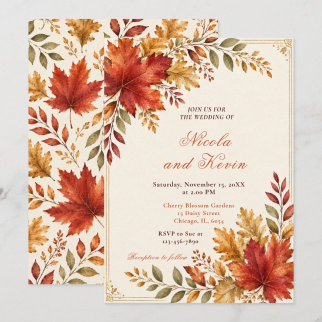 Invitation Crème de mariage aux feuilles d'automne (Devant / Derrière)