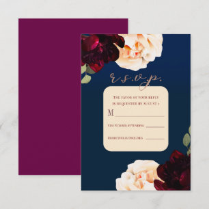 Invitation Crème de Marsala Floral Foncé & Réponse Navy R.S.V
