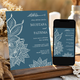 Invitation Crème de Mehndi Henna Bleu Poussiéreux Mariage Mus