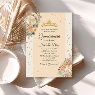Invitation Crème de Pêche Floral et Or Tiara Quinceanera