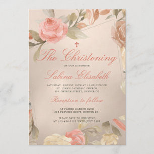 Invitation Crème de Pêche Or de luxe Christening Floral