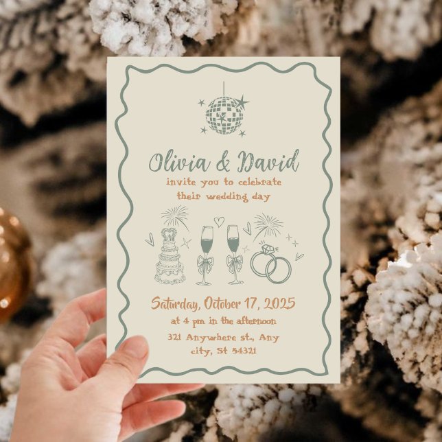 Invitation Crème dessinée à la main et vert lignes grossières (Créateur téléchargé)