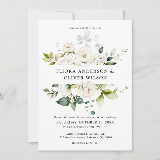 Invitation Crème d'ivoire blanc Rose Floral Botanique Mariage (Devant)