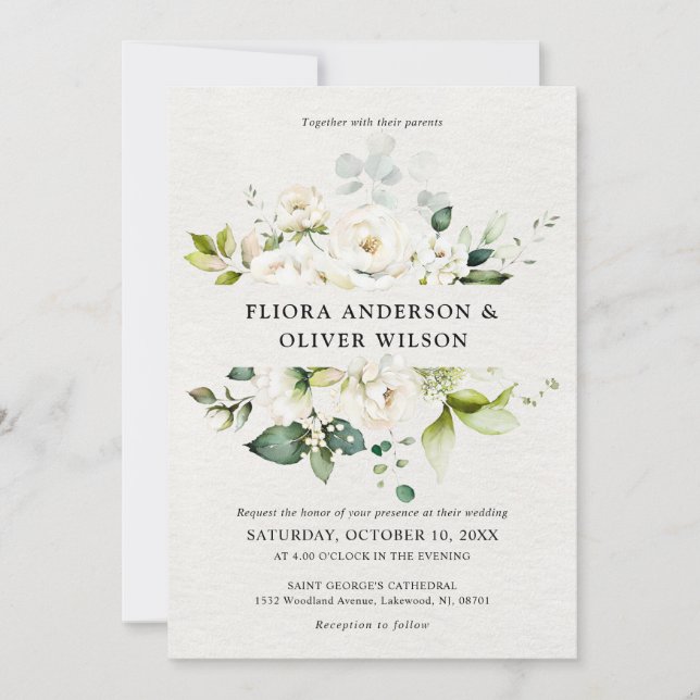 Invitation Crème d'ivoire blanc Rose Floral Mariage botanique (Devant)