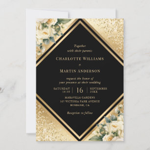 Invitation Crème d'ivoire d'or noir Confetti Mariage floral
