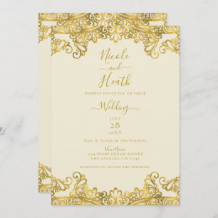 Invitation Crème d'ivoire et dentelle d'or Mariage élégant