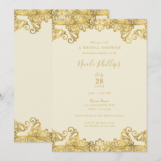 Invitation Crème d'Ivoire et Dentelle Dorée Élégante Fête de  (Devant / Derrière)
