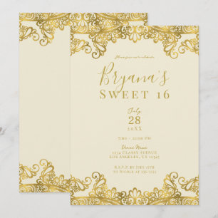 Invitation Crème d'Ivoire et Dentelle Dorée Fête Élégante pou