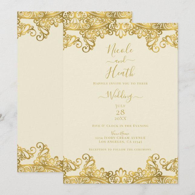 Invitation Crème d'Ivoire et Dentelle Dorée Mariage Élégant (Devant / Derrière)