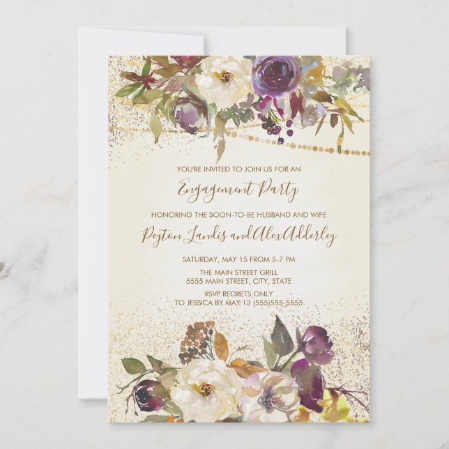 Invitation Crème d'Ivoire Fleurs Violettes Paillettes Fête de (Devant)