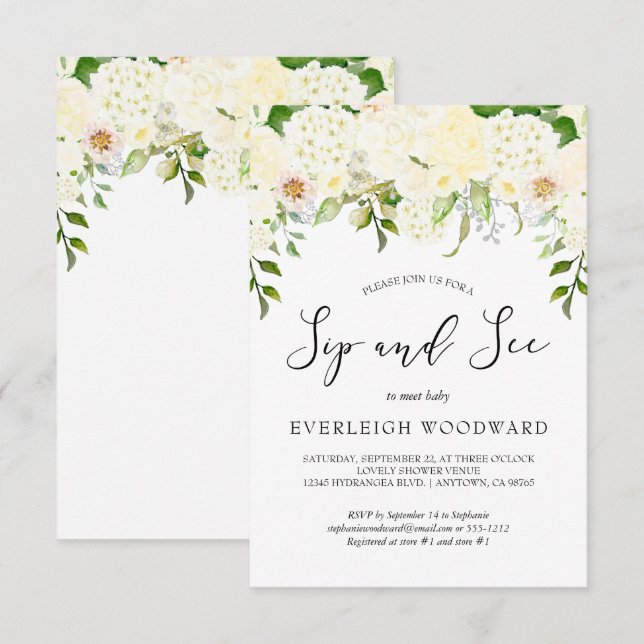 Invitation Crème d'Ivoire Floral Fleurs Sip and See Bébé (Devant / Derrière)