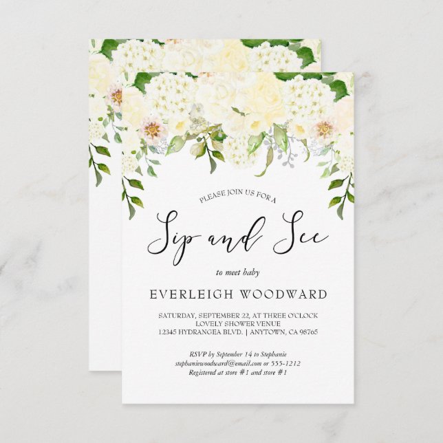 Invitation Crème d'ivoire Flore verdure Sip et voir bébé (Devant / Derrière)