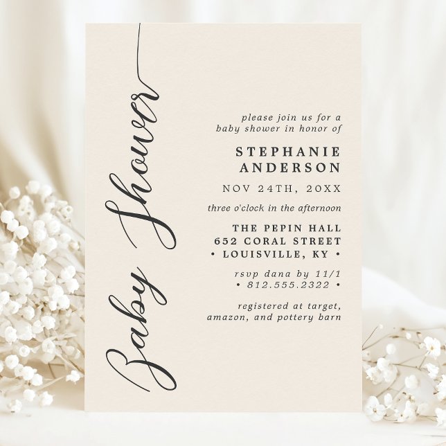 Invitation Crème d'Ivoire Simple Baby Shower Écriture Moderne (Créateur téléchargé)