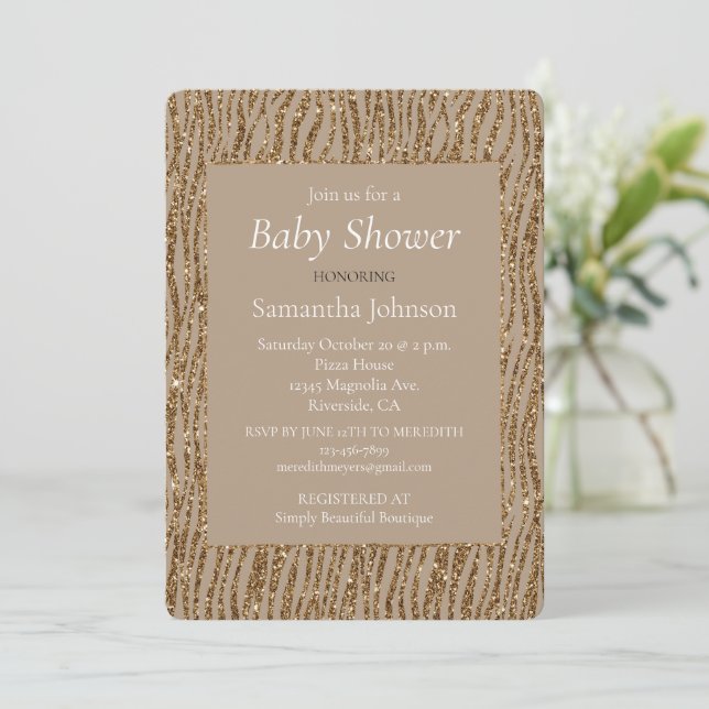 Invitation Crème d'or Parties scintillant Brown Zebra Baby sh (Debout devant)