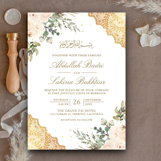 Invitation Crème douce Rose Gold Lace QR Code Musulman Mariag (Créateur téléchargé)