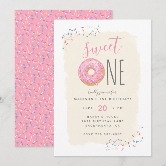 Invitation Crème | Doughnut rose saupoudrer doux 1er annivers (Devant / Derrière)