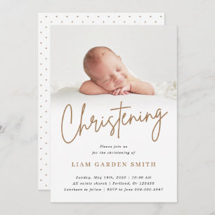 Invitation Crème Dusty Script manuscrit Christening Photo
