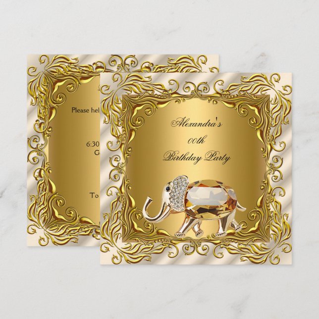 Invitation Crème Elite Éléphant Doré Fête d'anniversaire Or (Devant / Derrière)