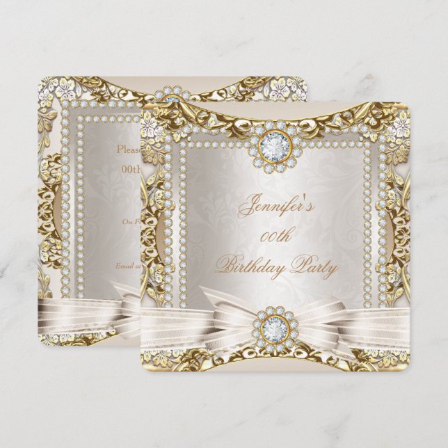 Invitation Crème Élite Or Diamant Arc Damassé Fête d'Annivers (Devant / Derrière)
