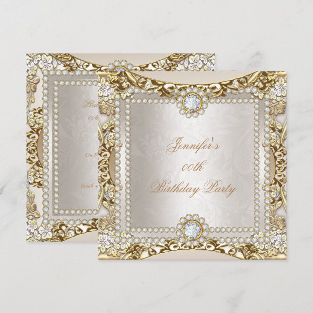 Invitation Crème Élite Or Diamant Damassé Fête d'Anniversaire (Devant / Derrière)