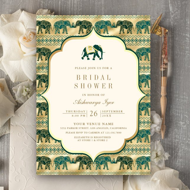 Invitation Crème Émeraude Or Éléphant Fête de Mariage Indienn (Créateur téléchargé)