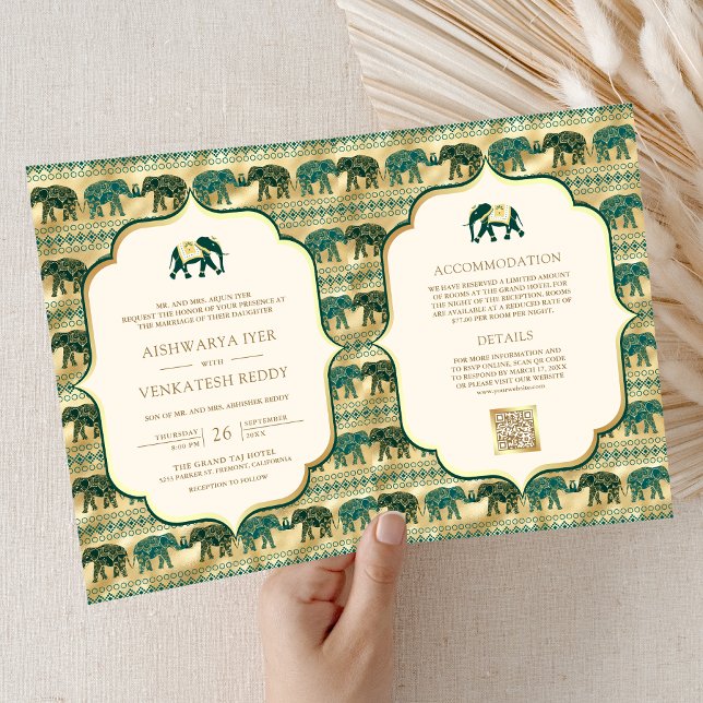 Invitation Crème Émeraude Vert Or Éléphant Mariage Indien (Créateur téléchargé)