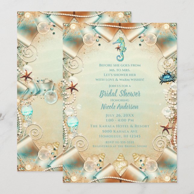 Invitation Crème Enchantée Sous Ruban de Perles de Mer de Mar (Devant / Derrière)