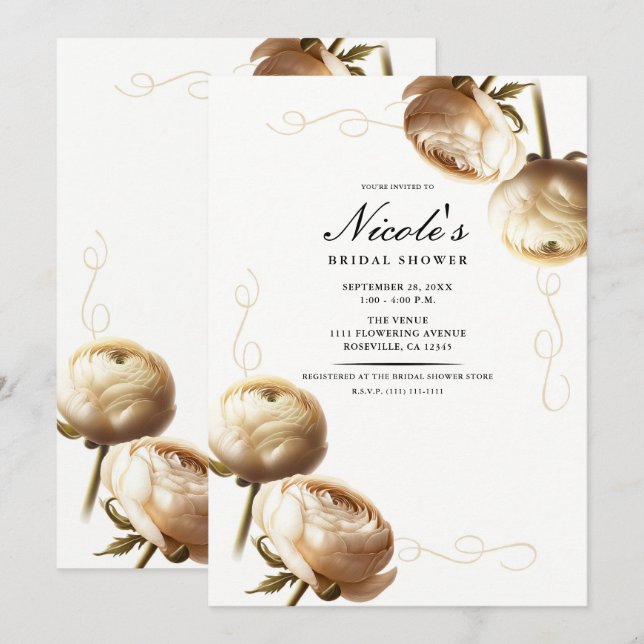 Invitation Crème et Blanc Ranunculus Fête de Mariage Florale (Devant / Derrière)