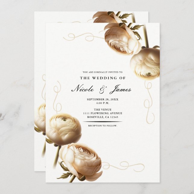 Invitation Crème et blanc Ranunculus Mariage floral (Devant / Derrière)
