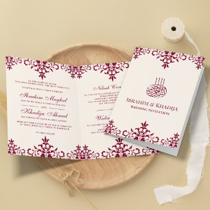 Invitation Crème et Bourgogne en Damassé Mariage Islamique Mu
